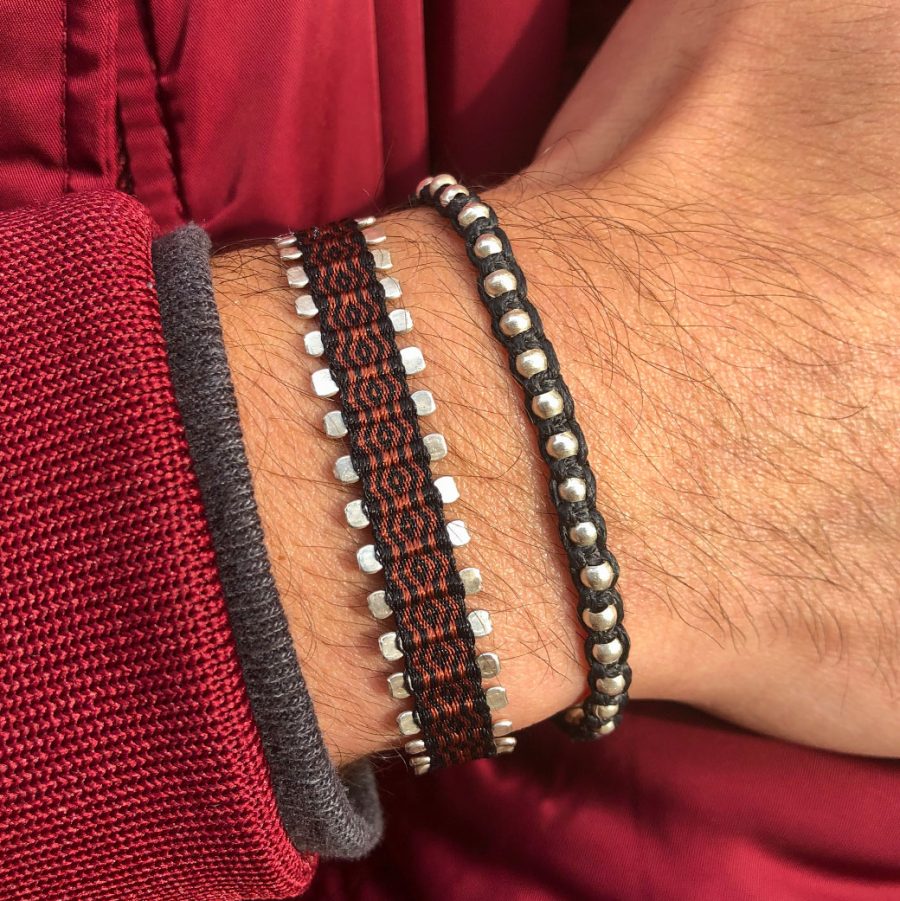 bracelet-homme-tissu-noir-rouge-argent-925-leju